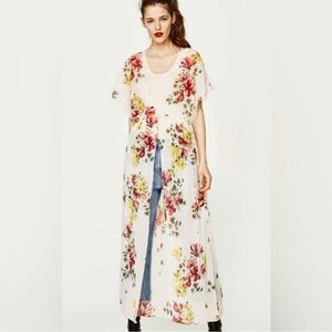 Zara sheer‎ cream floral short sleeve coverup maxi kimono duster